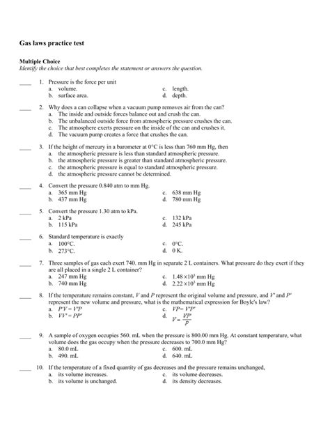 Examples of Gas Law Multiple Choice Questions
